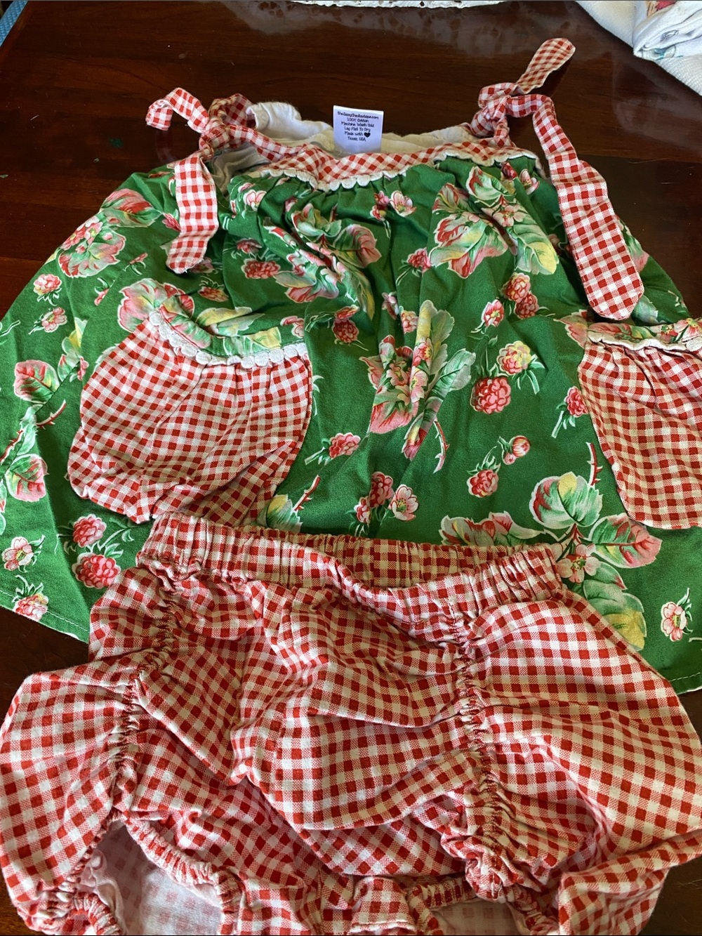 Floral Green & Red Gingham Girls Matching Set - Sleeveless Top & Bloomers